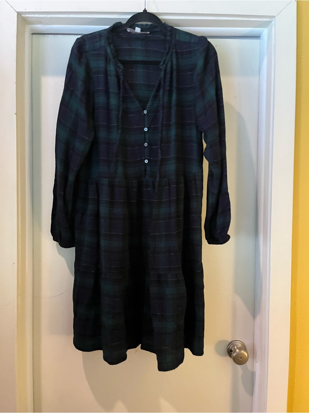 LOFT Black and Green Plaid Long Sleeve Dress